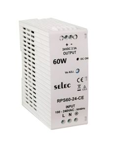 Selec RPS60-24-CE, 60Watt 24V/2.5A Current Power Supply, DIN Rail Mount, Plastic Housing