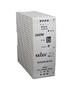 Selec RPS-240-48-CU, 240Watt 48V/5A Power Supply, DIN Rail Mount, Plastic Housing