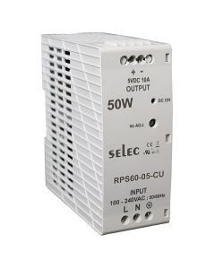 Selec RPS60-05-CU, 60Watt 05V/10A Current Power Supply, DIN Rail Mount, Plastic Housing