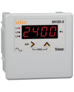 Selec MV35-3-G-40-300V-CE, 4 Digits 7 segment LED Display Digital Voltmeter, Three Phase with Wide Power Supply, Size 96x96mm, Panel Mount
