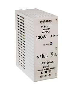 Selec RPS120-24-CE, 120Watt 24V/5A Power Supply, DIN Rail Mount, Plastic Housing