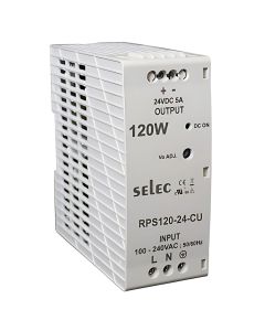 Selec RPS120-24-CU, 120Watt 24V/5A Power Supply, DIN Rail Mount, Plastic Housing
