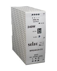 Selec RPS-240-24-CU, 240Watt 24V/10A Power Supply, DIN Rail Mount, Plastic Housing