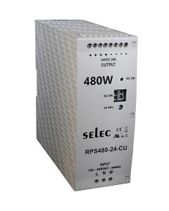 Selec RPS-480-24-CU, 480Watt 24V/20A Power Supply, Size 35mm, DIN Rail Mount, Plastic Housing