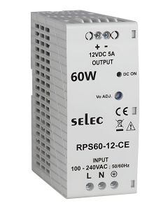 Selec RPS60-12-CE, 60Watt 12V/05A Current Power Supply, DIN Rail Mount, Plastic Housing