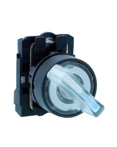 Schneider XB5AK121B1N, Ill selector switch, Harmony XB5, Plastic, White, 22mm, Short handle, 2 position, Stay put, 24V AC DC, 1 NO