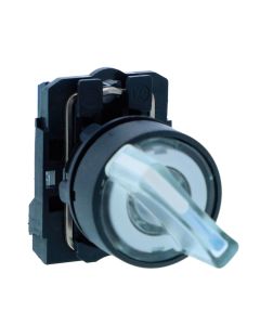 Schneider XB5AK121M1N, Ill selector switch, Harmony XB5, Plastic, White, 22mm, Short handle, 2 position, Stay put, 230V AC, 1 NO