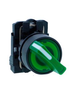 Schneider XB5AK123B1N, Ill selector switch, Harmony XB5, Plastic, Green, 22mm, Short handle, 2 position, Stay put, 24V AC DC, 1 NO
