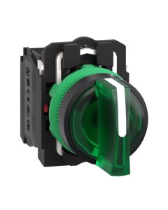 Schneider XB5AK133B3N, Illuminated selector switch, Harmony XB5, Grey plastic, Green handle, 22mm, 3 positions, Universal LED, 1NO + 1NC, 24V AC/DC