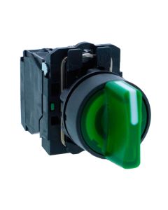 Schneider XB5AK133M3N, Ill selector switch, Harmony XB5, Plastic, Green, 22mm, Short handle, 3 position, Stay put, 230V AC, 2 NO