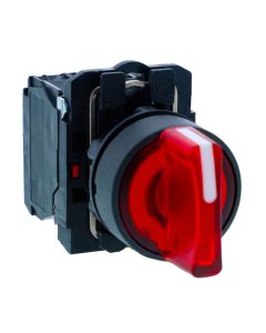 Schneider XB5AK134B5N, Ill selector switch, Harmony XB5, Plastic, Red, 22mm, Short handle, 3 position, Stay put, 24V AC DC, 1NC 1NO
