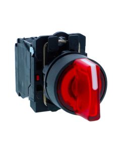 Schneider XB5AK134M5N, Ill selector switch, Harmony XB5, Plastic, Red, 22mm, Short handle, 3 position, Stay put, 230V AC, 1NC 1NO