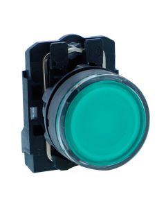 Schneider XB5AW33B1N, Illuminated pushbutton, Harmony XB5, Plastic, Flush, Green, 22mm, Spring return, 24V AC DC, 1 NO