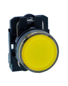 Schneider XB5AW35B1N, Illuminated pushbutton, Harmony XB5, Plastic, Flush, Yellow, 22mm, Spring return, 24V AC DC, 1 NO