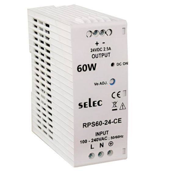 Selec RPS60-24-CE, 60Watt 24V/2.5A Current Power Supply, DIN Rail Mount, Plastic Housing