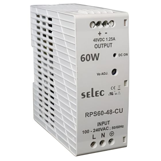 Selec RPS60-48, 60Watt 48V/1.25A Current Power Supply, DIN Rail Mount, Plastic Housing