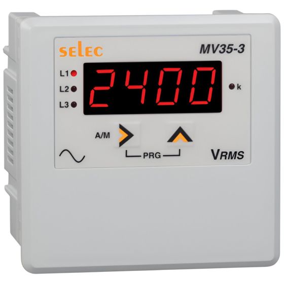 Selec MV35-3-G-40-300V-CE, 4 Digits 7 segment LED Display Digital Voltmeter, Three Phase with Wide Power Supply, Size 96x96mm, Panel Mount