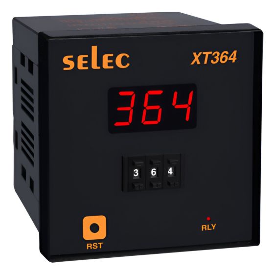 Selec XT364-3, 3 Digit Single LED Display, Thumbwheel, ON DELAY / INTERVAL Digital Timer, Size 96x96mm, Panel Mount