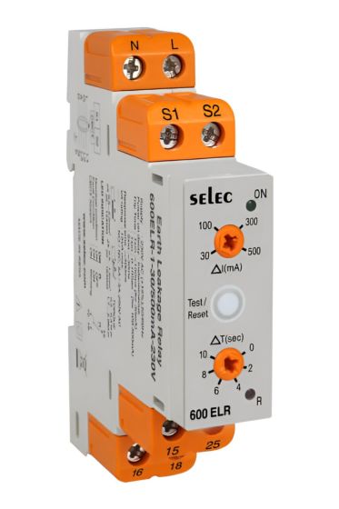 Selec 600ELR-1-30-500mA-230V, Single Phase Analog Earth Leakage Relay, 30-500mA Settable, Size 17.5x90mm, DIN Rail Mount