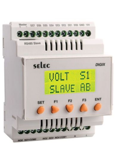 Selec DIGIX-1-1-1-230V, 2 x 8 Characters LCD + 5 keys, 8 Digital Input Smart Relay PLC, 5 Relay Output, RTC and Modbus Expansion, Size 70x90mm, DIN Rail Mount