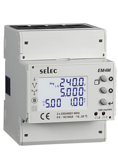 Selec EM4M-3P-C-100A, 7 Digits LCD Display Energy Meter, RS485 Communication, Pulse Output, Three Phase, Size 70x90mm, DIN Rail Mount