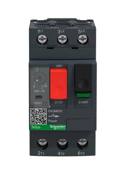 Schneider GV2ME05, Motor Protection Circuit Breaker (MPCB), TeSys GV2, 3P, 0.63-1 A, thermal magnetic, spring terminals
