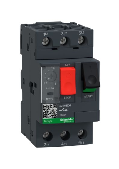 Schneider GV2ME06, Motor Protection Circuit Breaker (MPCB), TeSys GV2, 3P, 1-1.6 A, thermal magnetic, screw clamp terminals