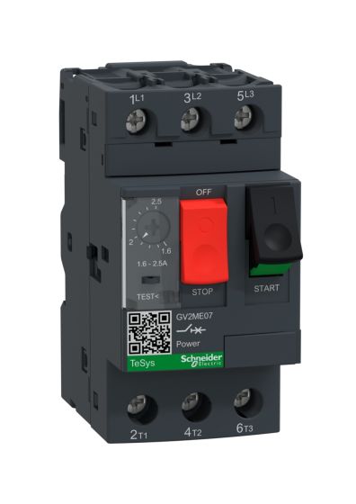 Schneider GV2ME07, Motor Protection Circuit Breaker (MPCB), TeSys GV2, 3P, 1.6-2.5 A, thermal magnetic, screw clamp terminals
