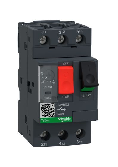 Schneider GV2ME22, Motor Protection Circuit Breaker (MPCB), TeSys GV2, 3P, 20-25 A, thermal magnetic, screw clamp terminals