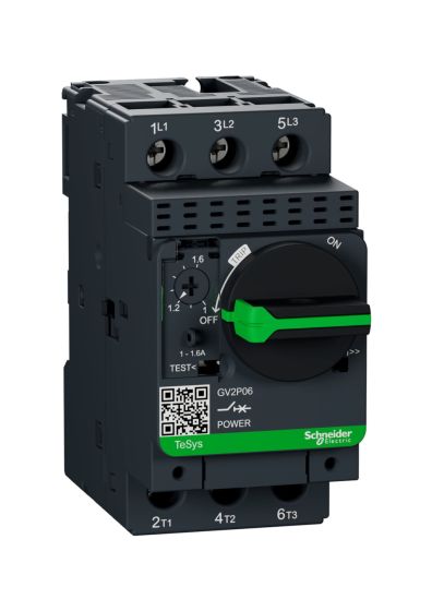 Schneider GV2P06, Motor Protection Circuit Breaker (MPCB), TeSys GV2, 3P, 1-1.6 A, thermal magnetic, screw clamp terminals