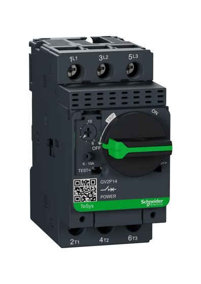 Schneider GV2P14, Motor Protection Circuit Breaker (MPCB), TeSys GV2, 3P, 6-10 A, thermal magnetic, screw clamp terminals
