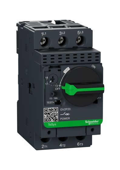 Schneider GV2P20, Motor Protection Circuit Breaker (MPCB), TeSys GV2, 3P, 13-18 A, thermal magnetic, screw clamp terminals