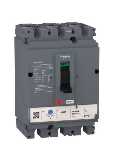Schneider LV525303, MCCB, EasyPact CVS250B, 25 kA at 415 VAC, 250 A rating thermal magnetic TM-D trip unit, 3 Pole