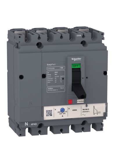 Schneider LV516312, MCCB, EasyPact CVS160B, 25 kA at 415 VAC, 125 A rating thermal magnetic TM-D trip unit, 4 Pole