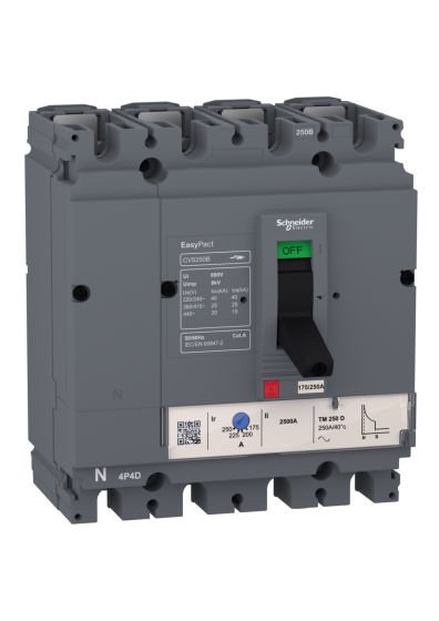 Schneider LV510347, MCCB, EasyPact CVS100F, 36 kA at 415 VAC, 100 A rating thermal magnetic TM-D trip unit, 4 Pole 
