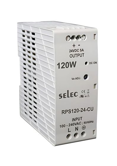 Selec RPS120-24-CU, 120Watt 24V/5A Power Supply, DIN Rail Mount, Plastic Housing