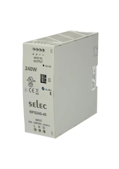 Selec RPS240-48-CE, 240W, 48V, Supports 90 - 264 VAC / 127 - 370 VDC, 35mm DIN Rail Mount