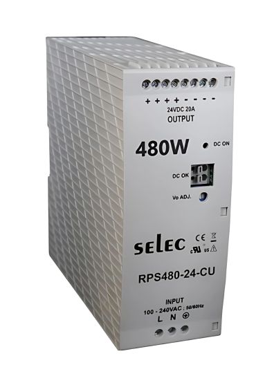 Selec RPS-480-24-CU, 480Watt 24V/20A Power Supply, Size 35mm, DIN Rail Mount, Plastic Housing