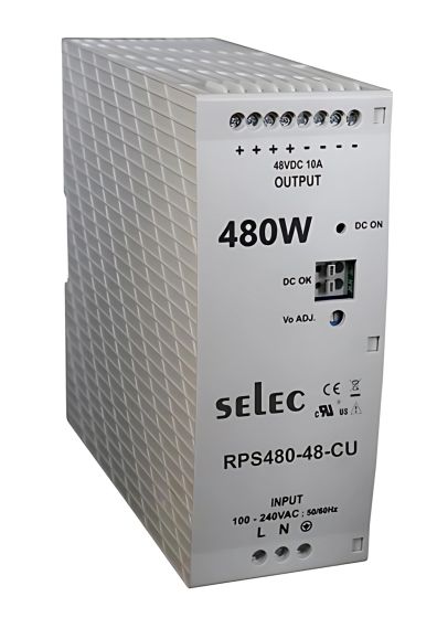 Selec RPS-480-48-CU, 480Watt 48V/10A Power Supply, Size 35mm, DIN Rail Mount, Plastic Housing