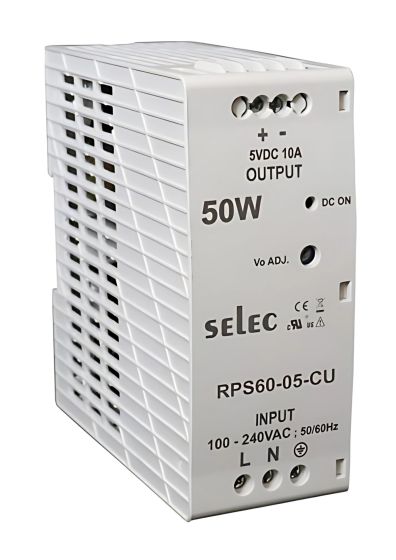 Selec RPS60-05, 60Watt 05V/10A Current Power Supply, DIN Rail Mount, Plastic Housing
