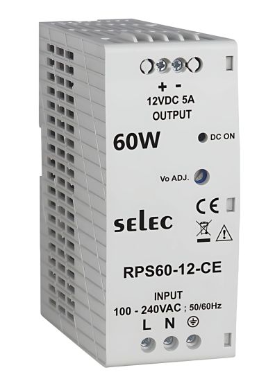 Selec RPS60-12-CE, 60Watt 12V/05A Current Power Supply, DIN Rail Mount, Plastic Housing