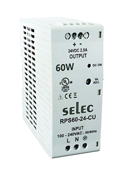 Selec RPS60-24-CU, 60Watt 24V/2.5A Current Power Supply, DIN Rail Mount, Plastic Housing