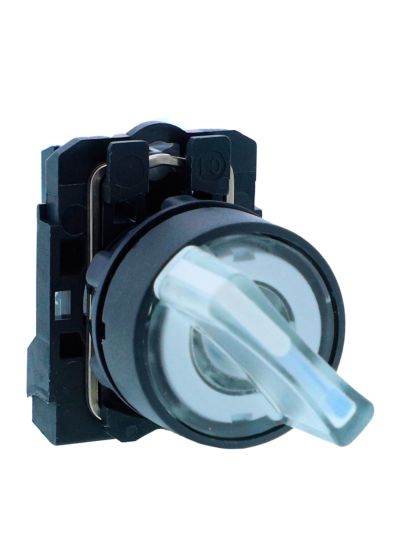 Schneider XB5AK121B1N, Ill selector switch, Harmony XB5, Plastic, White, 22mm, Short handle, 2 position, Stay put, 24V AC DC, 1 NO