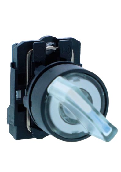 Schneider XB5AK121M1N, Ill selector switch, Harmony XB5, Plastic, White, 22mm, Short handle, 2 position, Stay put, 230V AC, 1 NO