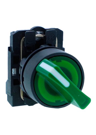 Schneider XB5AK123M1N, Ill selector switch, Harmony XB5, Plastic, Green, 22mm, Short handle, 2 position, Stay put, 230V AC, 1 NO