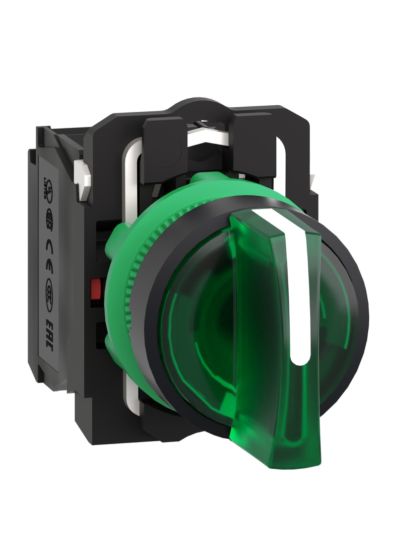 Schneider XB5AK133B3N, Illuminated selector switch, Harmony XB5, Grey plastic, Green handle, 22mm, 3 positions, Universal LED, 1NO + 1NC, 24V AC/DC