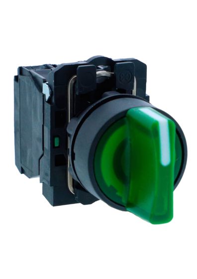 Schneider XB5AK133M3N, Ill selector switch, Harmony XB5, Plastic, Green, 22mm, Short handle, 3 position, Stay put, 230V AC, 2 NO