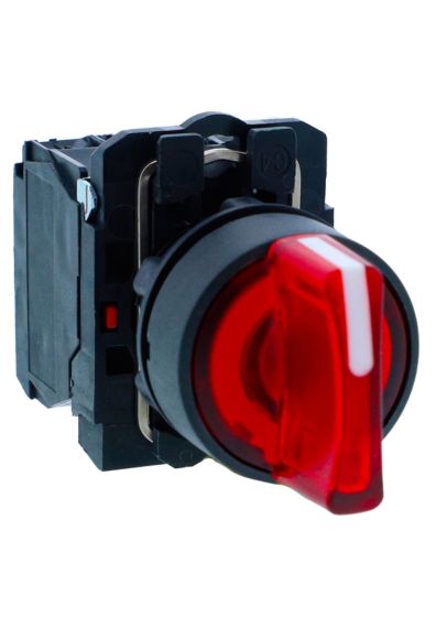 Schneider XB5AK134B5N, Ill selector switch, Harmony XB5, Plastic, Red, 22mm, Short handle, 3 position, Stay put, 24V AC DC, 1NC 1NO