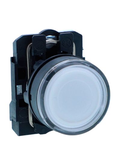 Schneider XB5AW31B1N, Illuminated pushbutton, Harmony XB5, Plastic, Flush, White, 22mm, Spring return, 24V AC DC, 1 NO