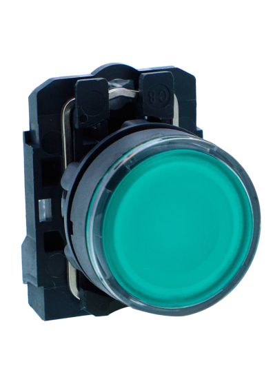 Schneider XB5AW33B1N, Illuminated pushbutton, Harmony XB5, Plastic, Flush, Green, 22mm, Spring return, 24V AC DC, 1 NO